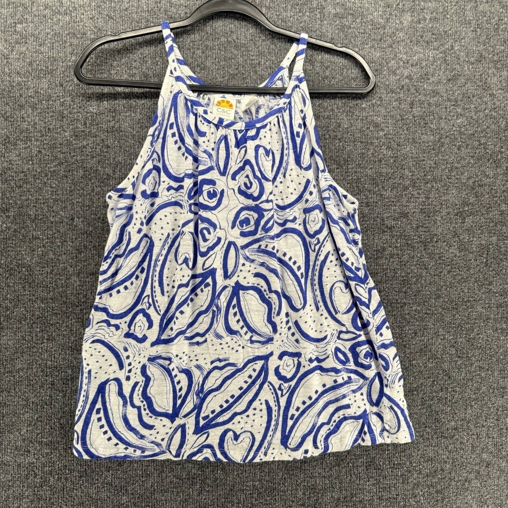CC California Top Womens L Linen Blue White Sleeveless Resort Vacation Casual